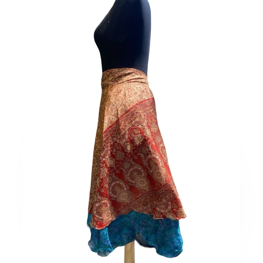 Reversible Silk Wrap Skirt by Western Fashion Bohemian Bluish/Red - Picture 12 of 16